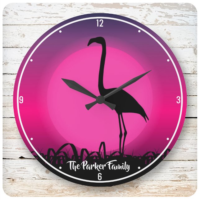 Grande Horloge Ronde NOM Personnalisé Vivid Beach Sunset Flamant rose r (Créateur téléchargé)