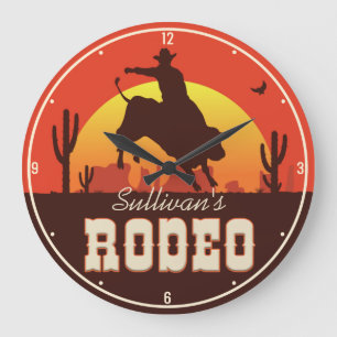 Grande Horloge Ronde NOM personnalisé Western Cowboy Bull Rider Rodeo