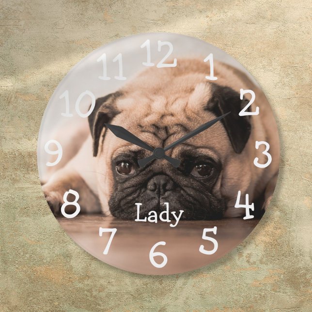 Grande Horloge Ronde Nom photo personnalisé de l'animal de compagnie (Personalized Pet Photo Name Large Clock)