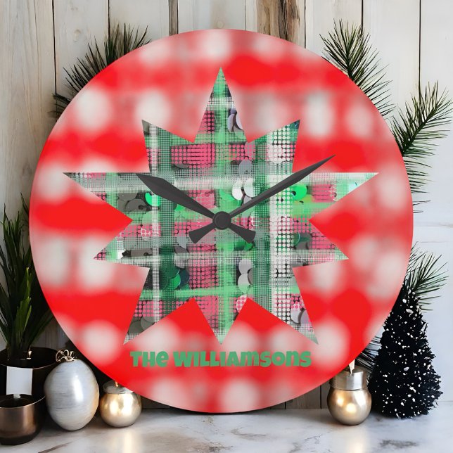 Grande Horloge Ronde Nom script star festive plaid rouge vert blanc (Créateur téléchargé)