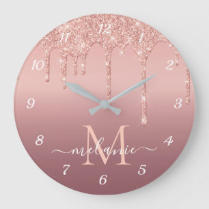 Grande Horloge Ronde Nom unique Texte Rose Gold Blush Glitter Clock
