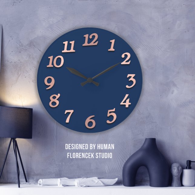 Grande Horloge Ronde Nombre minimal Rose Gold Blue Navy Métallic 3D (Elevate Your Space with the Minimal Numbers Rose Large Clock)