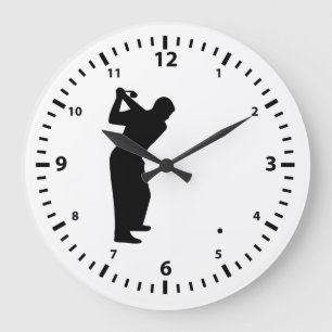 Grande Horloge Ronde Nombres noirs et golfeur sur fond blanc