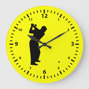 Grande Horloge Ronde Nombres noirs et golfeur sur fond jaune