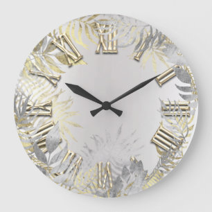 Grande Horloge Ronde Nombres romains argentés gris de fougère d'or de