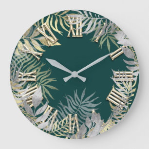 Grande Horloge Ronde Nombres romains argentés turquoises de fougère