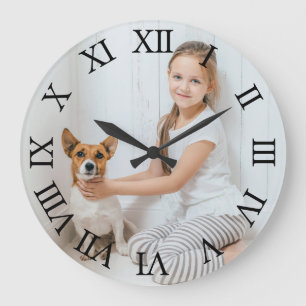 Grande Horloge Ronde Nombres romains noirs photo personnalisés