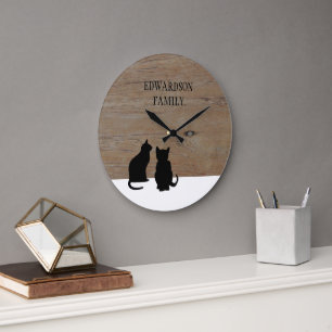 Grande Horloge Ronde Noms de famille en bois silhouettes chats noirs mo