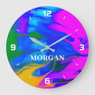 Grande Horloge Ronde Noms et numéros de couleurs fluides abstraites mod