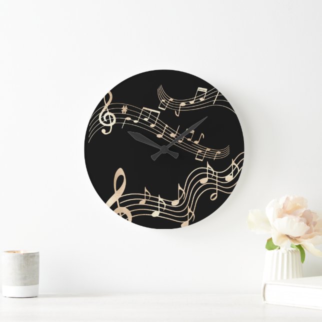 Grande Horloge Ronde Notes de musique dorées sur fond noir moyen (Maison)