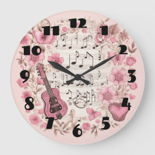 Grande Horloge Ronde Notes de musique et Fleurs style rétro