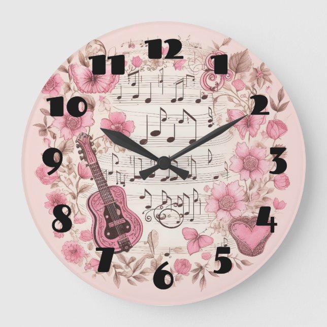 Grande Horloge Ronde Notes de musique et Fleurs style rétro (Recto)