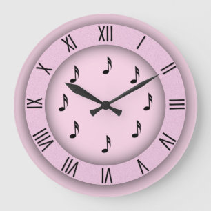 Grande Horloge Ronde Notes de musique roses avec chiffres romains