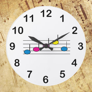 Grande Horloge Ronde Notes de Musique Staff Coloré Chiffres