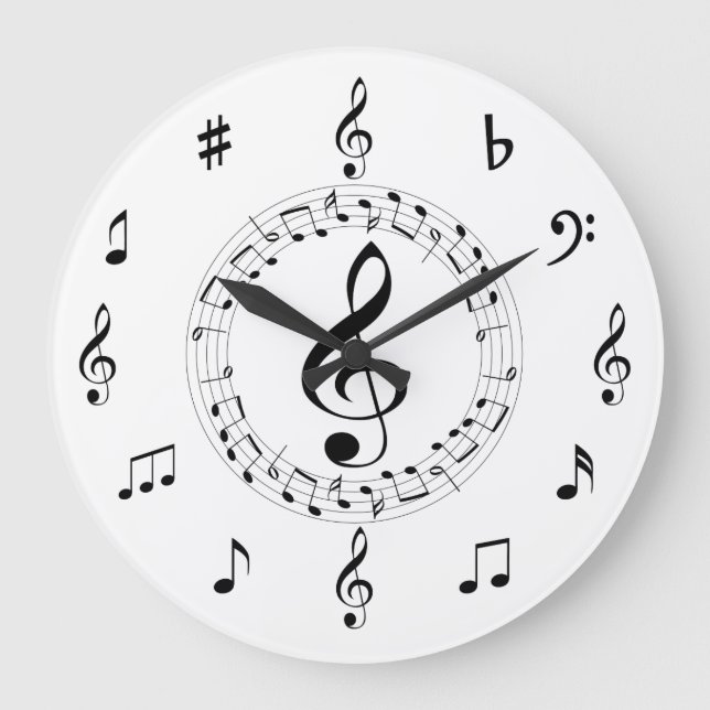 Grande Horloge Ronde Notes de musique, stylish, noir et blanc (Recto)