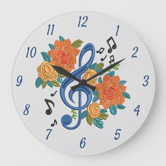 Grande Horloge Ronde Notes musicales Clé de musique Floral Bleu Orange (Recto)