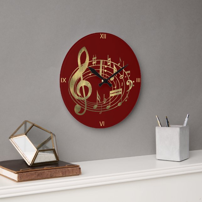 Grande Horloge Ronde Notes musicales d'or en forme ovale sur rouge (Bureau)