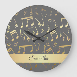 Grande Horloge Ronde Notes musicales d'or personnalisées