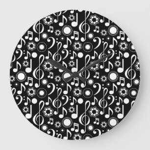 Grande Horloge Ronde Notes musicales et Clefs - Blanc sur noir