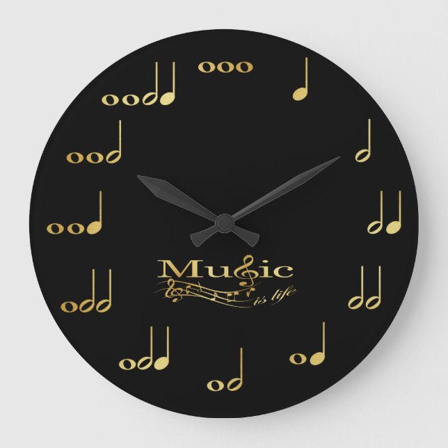 Grande Horloge Ronde Notes musicales - La musique est la vie - Noir et  (Recto)
