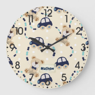 Grande Horloge Ronde Nounours et voitures Baby Boy Motif