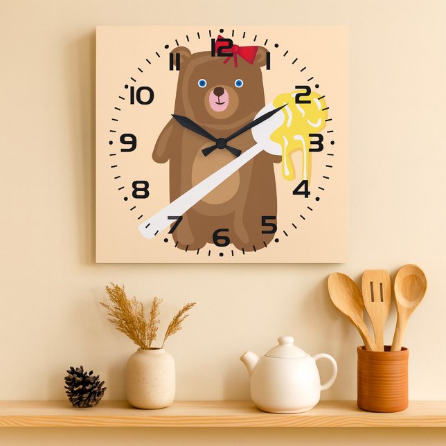 Grande Horloge Ronde Nounours Ourson Chéri avec Cuillère et Nœud Rouge  (Créateur téléchargé)