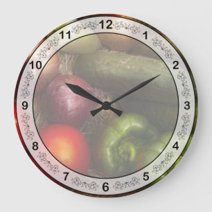 Grande Horloge Ronde Nourriture - Légumes - Oignons, Tomates, Poivrons,