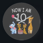 Grande Horloge Ronde Now I, 10 ans d'âge 10 Birthday<br><div class="desc">Joyeux anniversaire. Funny and lovely Kids Birthday design with a cute Elephant,  two ferrets and a girafe celebrating your birthday at the zoo.</div>
