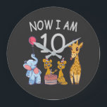 Grande Horloge Ronde Now I, 10 ans d'âge 10 Birthday<br><div class="desc">Joyeux anniversaire. Funny and lovely Kids Birthday design with a cute Elephant,  two ferrets and a girafe celebrating your birthday at the zoo.</div>
