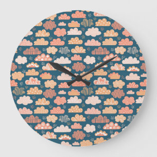 Grande Horloge Ronde Nuages scandinaves : Motifs d'enfants dorés.