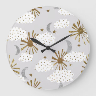 Grande Horloge Ronde Nuages, soleil, lune, motif minimaliste.