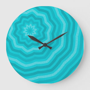 Grande Horloge Ronde Nuances de turquoise dessin de fleurs abstrait