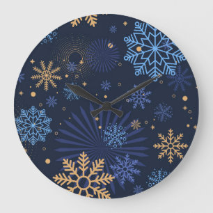 Grande Horloge Ronde Nuit d'hiver : Blue Snowflake Motif.