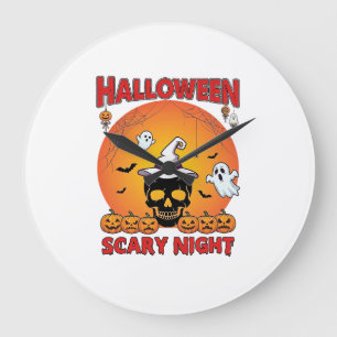 Grande Horloge Ronde Nuit effrayante d'Halloween Crâne Chapeau de sorci