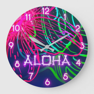 Grande Horloge Ronde Nuit Tropicale Électrique Luau Néon Paradis Aloha