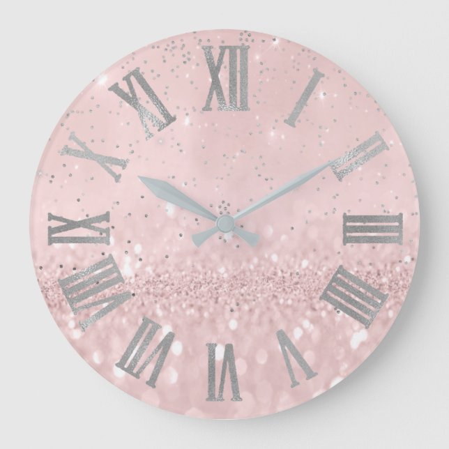 Grande Horloge Ronde Numéro de Silver Pink Glitter Cpnfeti Metallic (Recto)