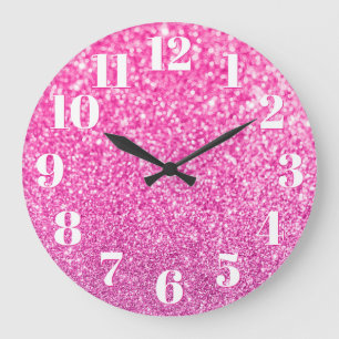 Grande Horloge Ronde Numéro moderne Faux Sparkly Bokeh Pink Glitter