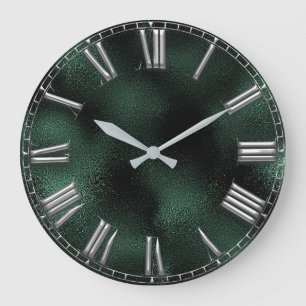 Grande Horloge Ronde Numéro romain Tropical Monstera Green Grey Metalli