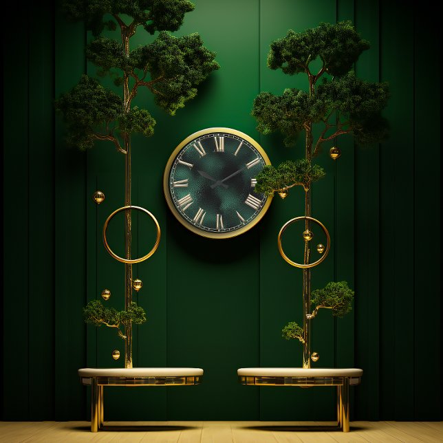Grande Horloge Ronde Numéro romain Tropical Monstera Vert Or Métallique (Roman Number Tropical Monstera Green Gold Metallic Large Clock)