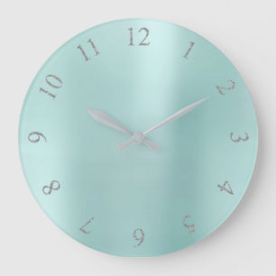 Grande Horloge Ronde Numéros anglais Aqua BlueGlitter Grey Silver US