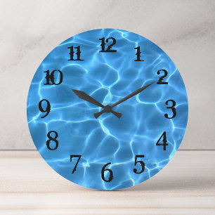 Grande Horloge Ronde Numéros De Plâtre Noir Aqua Bleu Piscine