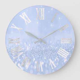 Grande Horloge Ronde Numéros de reliure Blue Sky Gray Silver Glitter Me