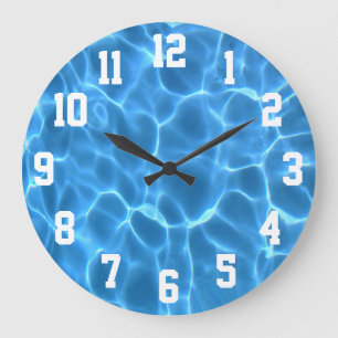 Grande Horloge Ronde Numéros de sport blancs Photo de piscine aqua bleu