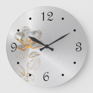 Grande Horloge Ronde Numéros Gold Flower Silver