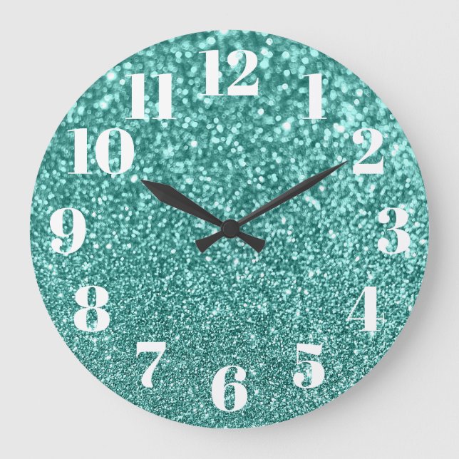 Grande Horloge Ronde Numéros modernes Faux Parties scintillant Turquois (Recto)