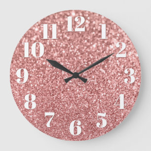 Grande Horloge Ronde Numéros modernes Faux Sparkly Rose Parties scintil