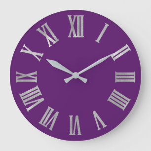 Grande Horloge Ronde Numéros romains d'argent métallique violet Sepia