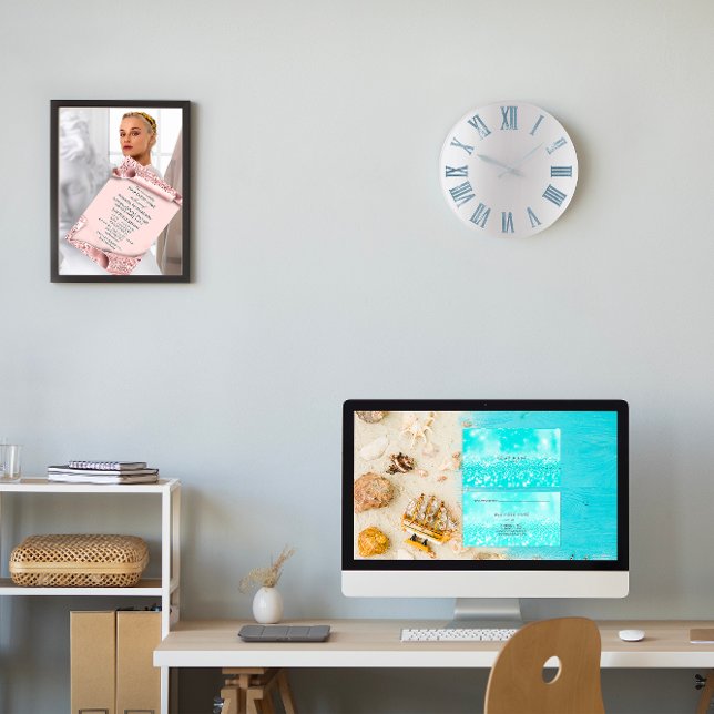 Grande Horloge Ronde Numéros romains gris bleu métallique argenté (Blue Gray Metallic Silver Roman Numbers Large Clock)