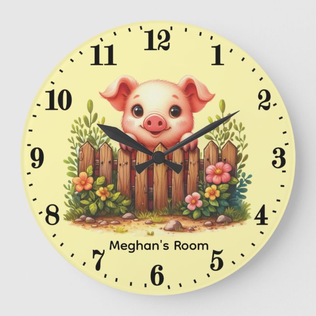 Grande Horloge Ronde Nursery de bébé cochon mignon ajouter nom (Recto)