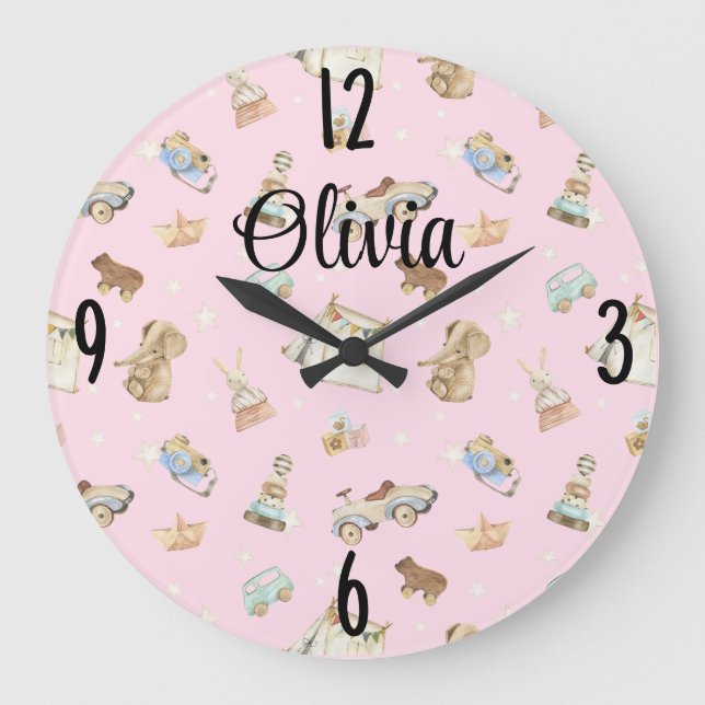 Grande Horloge Ronde Nursery de bébé fille Jouets vintage sur rose 10,7 (Recto)